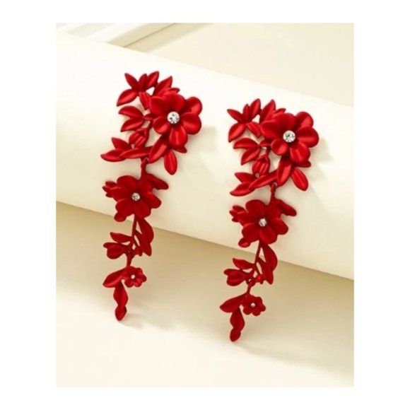 Red Rhinestone Flower Drop Earrings - Picture 2 of 3